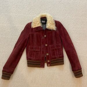 D&G Women's Red Suede Bomber Jacket with Cream Fur Collar